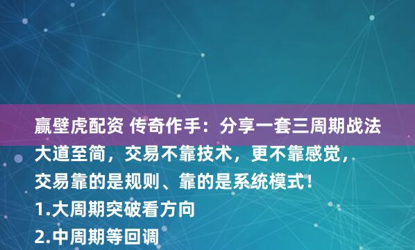 赢壁虎配资 传奇作手：分享一套三周期战法
大道至简，交易不靠技术，更不靠感觉，
交易靠的是规则、靠的是系统模式！
1.大周期突破看方向
2.中周期等回调
3.小周期等突破进场
图例在下面，自己琢磨。
传奇作手，让交易从容！
